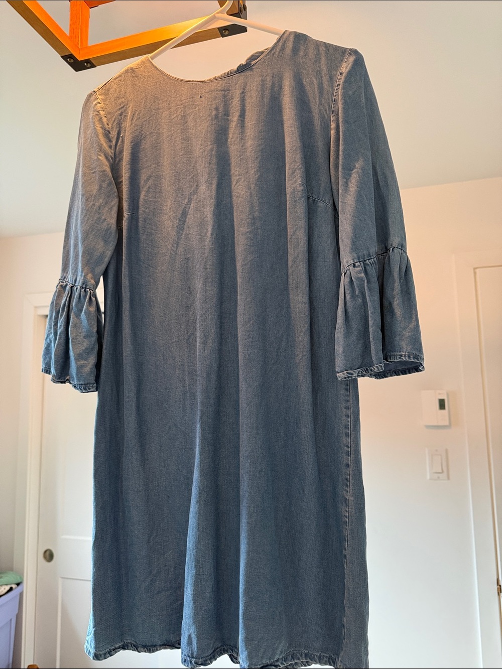 Zara Washed Blue Denim Midi Dress with Ruffle Sleeves